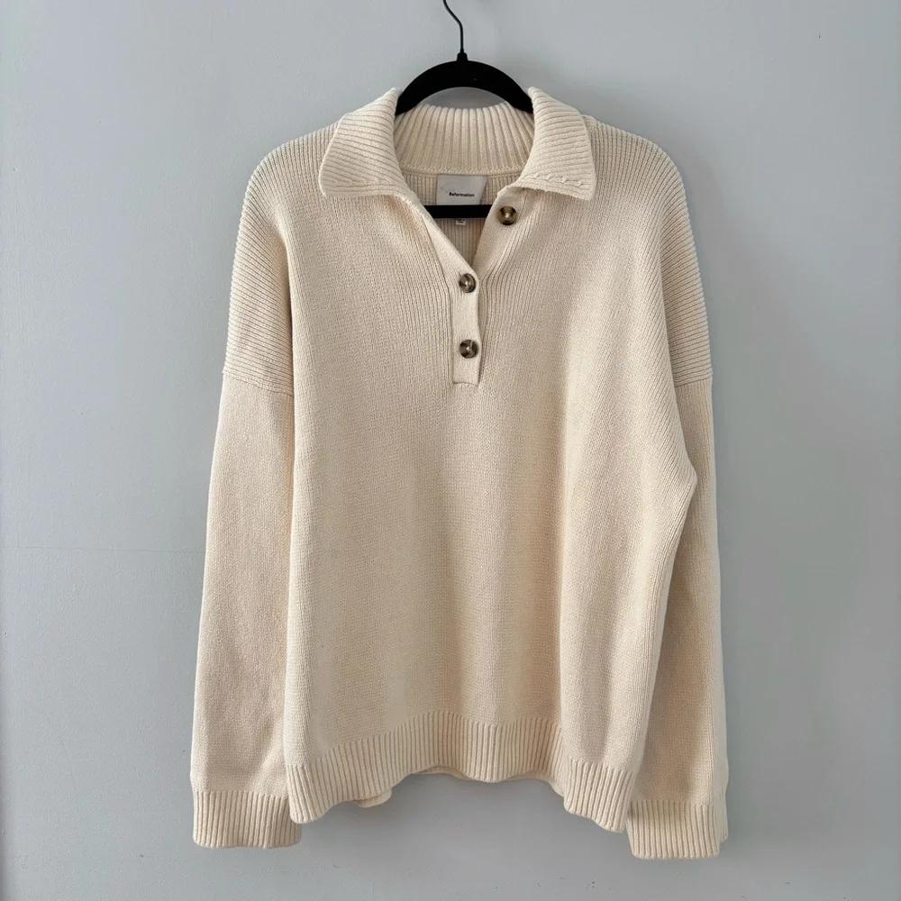 Reformation Brooklyn Organic Cotton Sweater Polo Thick Knit Pullover Cream - Picture 2 of 8